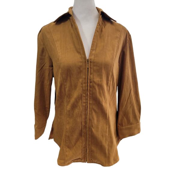 COLDWATER CREEK Tan Full Zip Blouse Small Oversized Relaxed Neutral Minimalist - Picture 1 of 8